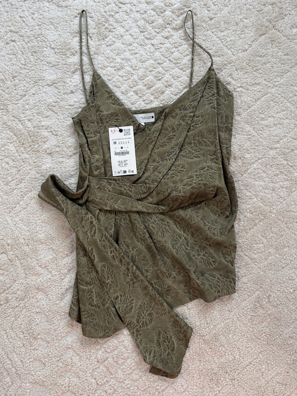 ZARA Green Draped Jacquard Top Khaki, Medium NEW WITH TAGS